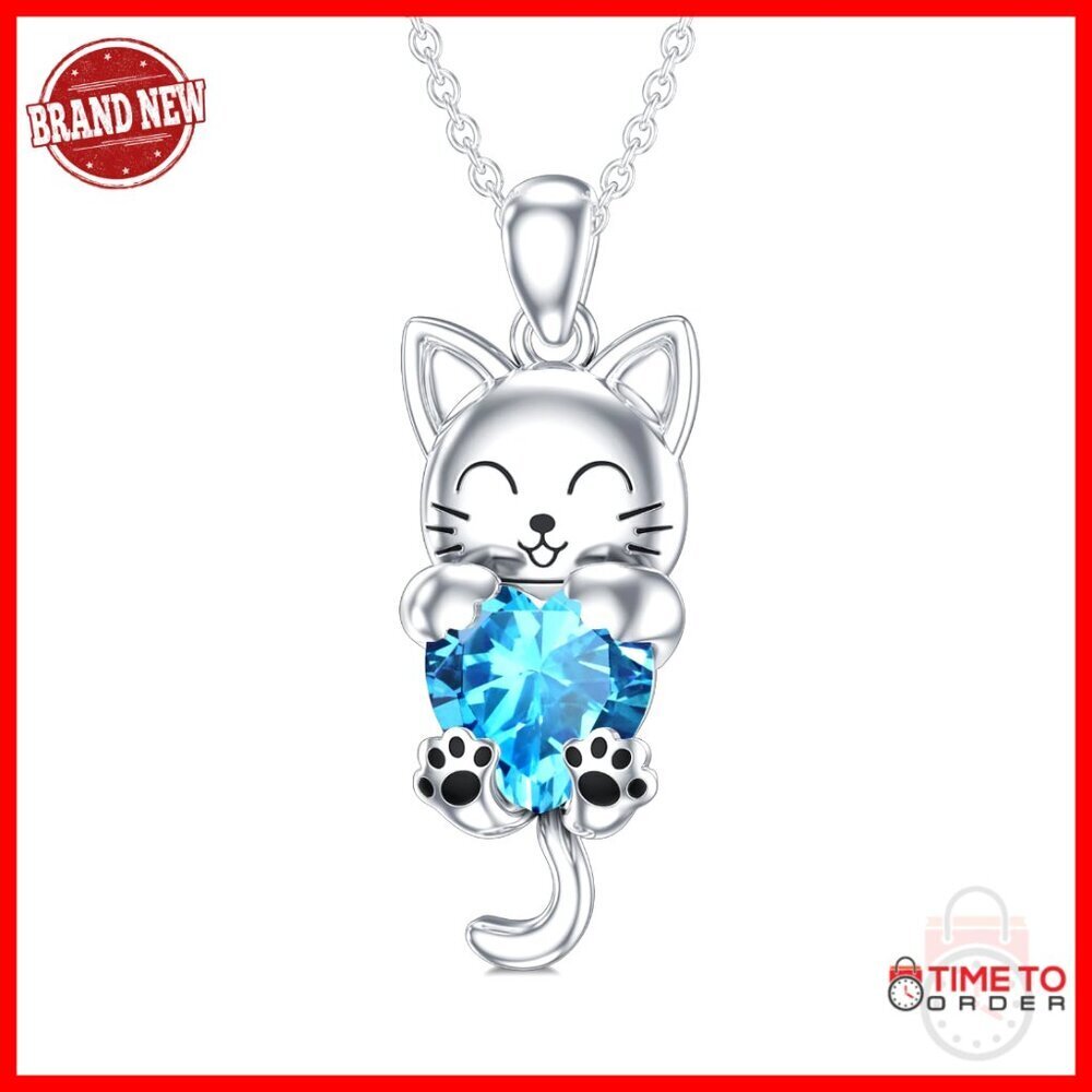 Sterling Silver Cat Pendant Necklace with Birthstone, Elegant Minimal Chic